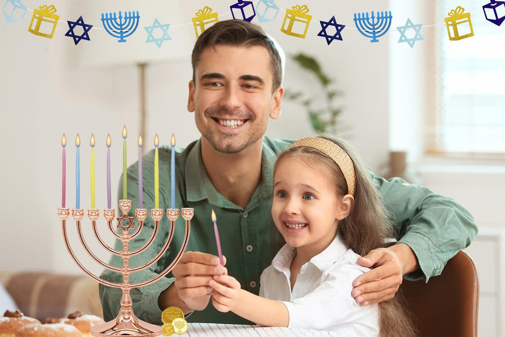 The Dreidel Company Multicolor Pastel Hanukkah Candles Deluxe Tapered Hanukkah Menorah, 1-Hour Burn Time, 45 Candles for All 8 Nights of Chanukah