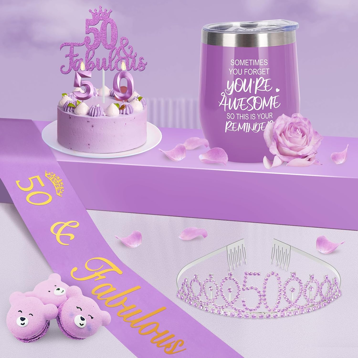 50th Birthday Gifts for Her with 12oz Tumbler/Mug Wine or Coffee, Birthday Crown, Sash, Cake Topper and Candles, 50 Year Old Decorations Women Purple
