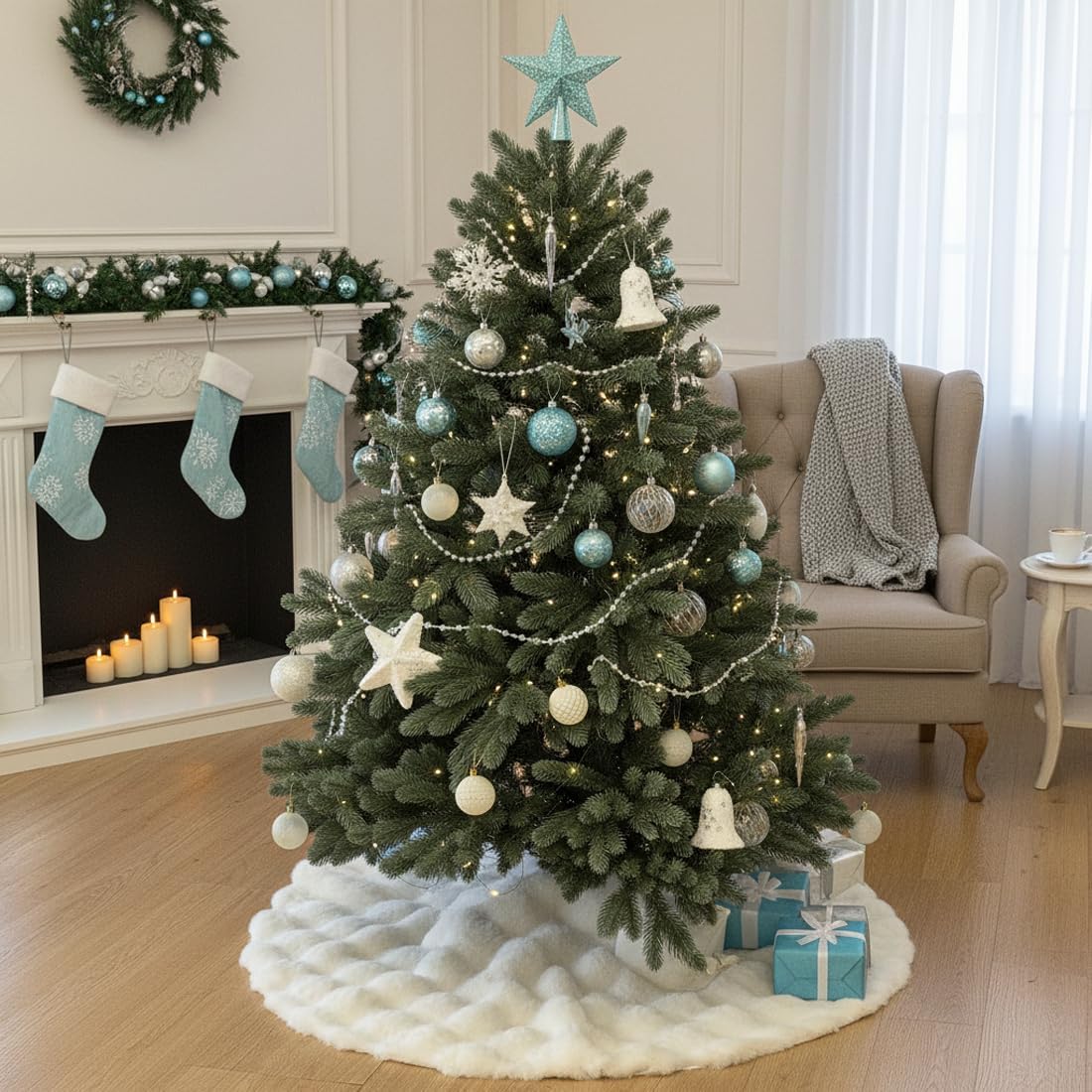 48 inch White Christmas Tree Skirt Large Tree Skirts, Snow White Faux Fur Tree Skirt for 6ft Christmas Tree, Xmas Tree Skirts Christmas Decorations(48 inches)