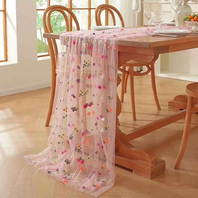 Pink Embroidery Daisy Fall Table Runner 120Inch 10FT Florals Soft Sheer Tulle Fabric Table Runner for Home Decor, Brithday, Wedding, Baby Shower ,Holiday ,Parties, DIY Craft,3PC