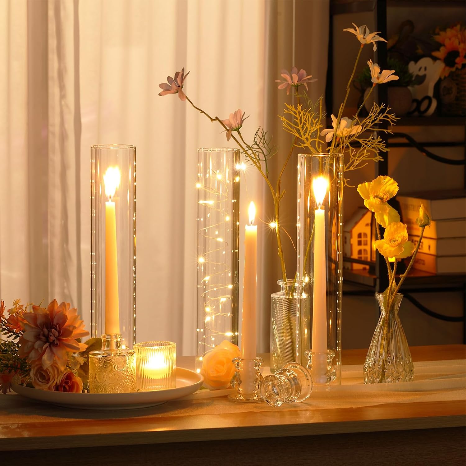 Teenyyou 24 Set Glass Hurricane Candle Holders Bulk 12.6" Open Ended Glass Candleholder Tube Shape Bottomless and 2.2" Taper Clear Candlestick Holders for Wedding Table Centerpiece (Clear)