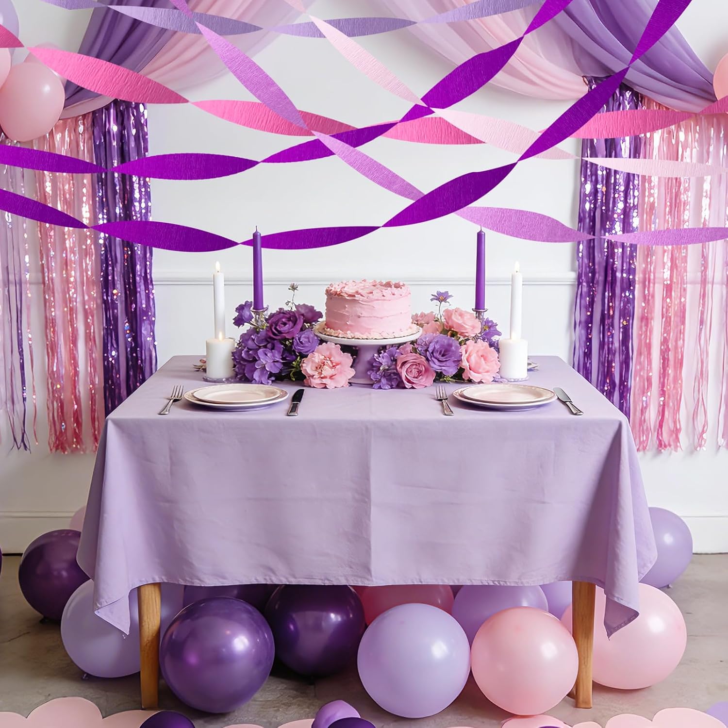 5 Rolls Purple Pink Crepe Paper Streamers, Lavender Hot Pink Party Decorations, Hanging Streamer Backdrop for Women Girls Birthday, Wedding, Baby Shower, Mermaid Unicorn Butterfly Theme Party Supplies