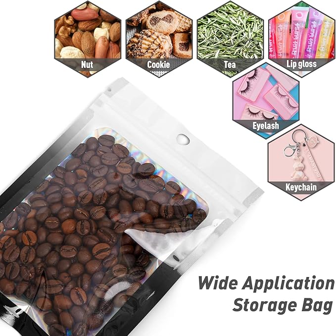 Funfery 100 Pack Gradient Holographic Bags,Resealable Bags with Zipper,Clear Window Packaging Pouchs,Foil Bag for Food Storage,Sample Jewelry Bag(4×6In,White Black)