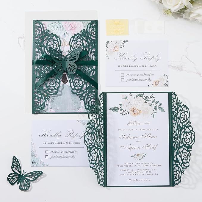 Emerald Green Wedding Invitations with Envelopes and Rsvp Cards, Blank Inner Cards, Ribbons, for Wedding Baby Shower Quinceañera Party Invitations 50 Sets