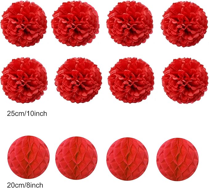 Hanging Paper Fan Set, Tissue Paper Pom Poms Flower Fan and Honeycomb Balls for Birthday Baby Shower Wedding Festival Decorations - Red