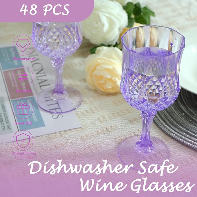 Plastic Wine Glasses，Plastic Goblets Vintage Style Cordial Drinking Glasses for Wedding Reception, Grand Event Party Supplies (48, Purple)