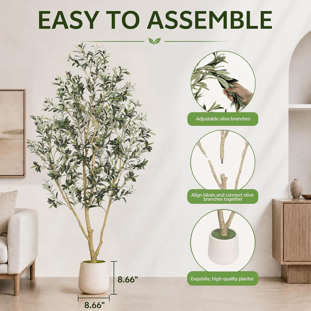 7ft artificial olive tree indoor with elegant white, close-up detail