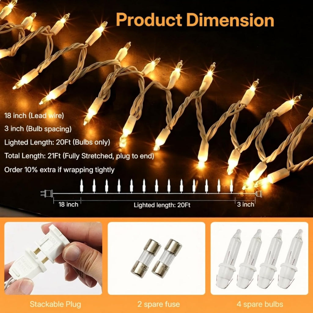 21ft White Wire Clear Bulb String Lights UL Certified | Classic warm glow for Christmas, wedding, patio. UL588 certified. IP44 waterproof. Connect up to 5 sets.