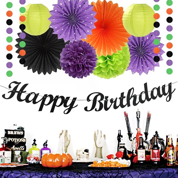 Black-Green Orange-Purple Halloween Birthday Party-Decorations - 21pcs Happy Banner,Paper Lanterns Honeycomb,Tissue Pom Poms Flower Fan,Kids Classroom Hanging Streamers Garland Decor Supplies Huglony