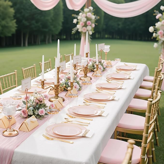 Supernal 350pcs Pink Plastic Plates,Plates Disposable Heavy Duty,Pink Disposable Plastic Dinnerware Set Include 50 Dinner Plate,50 Dessert Plate,50 Gold Cutlery,50 Cups&50 Napkins for Party&Wedding