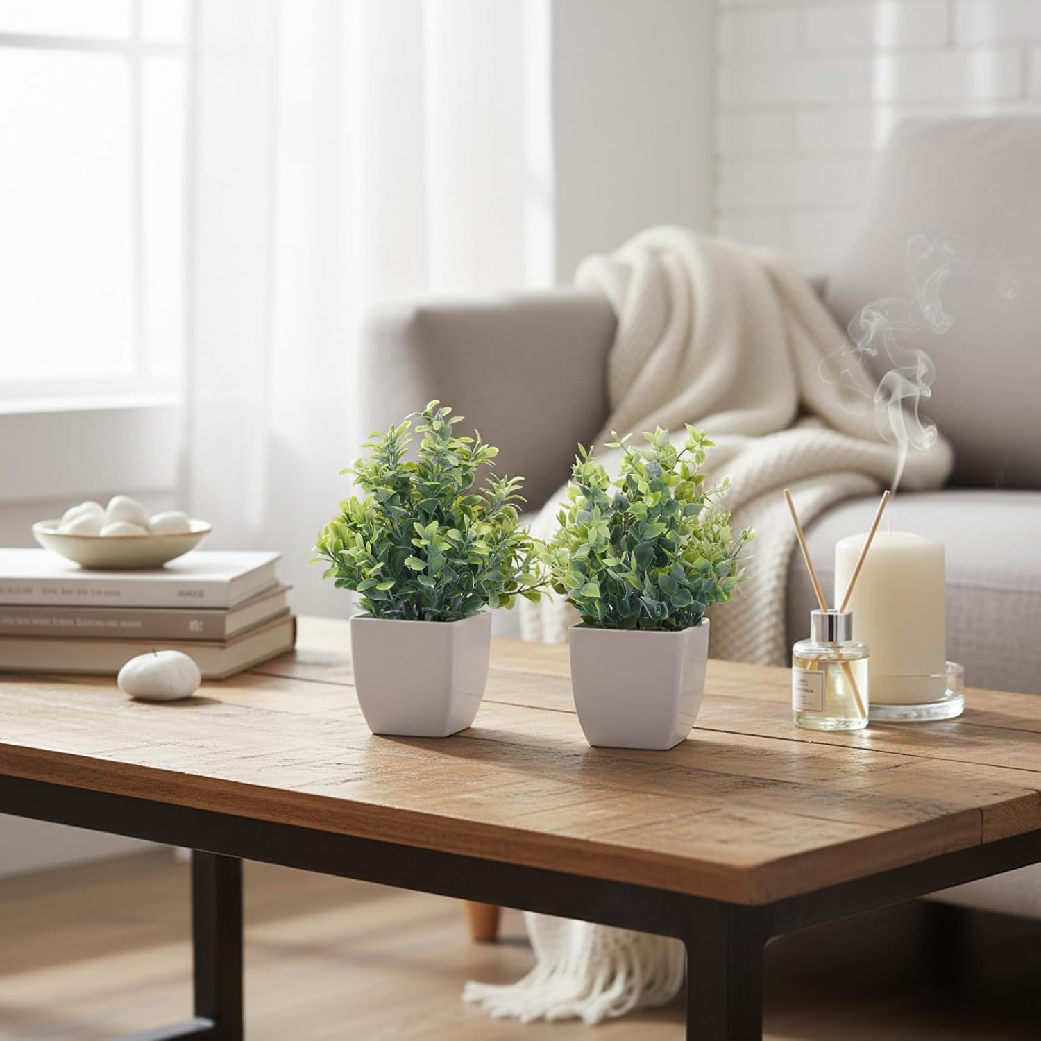CEWOR Fake Plants 4 Packs Small Artificial Greenery Mini White Potted Plants Bathroom Accessories Decorations for Desk Bathroom Office Home Room Kitchen Table Indoor
