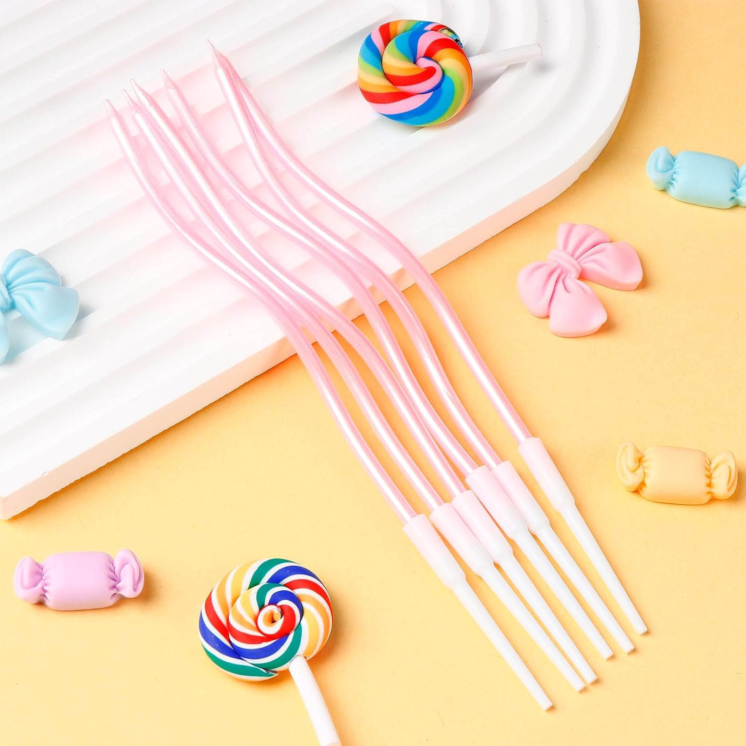 24 Pcs Pink Spiral Long Thin Birthday Candles, Twisted Curved Candle Cake Topper, Birthday Parties, Wedding Decoration