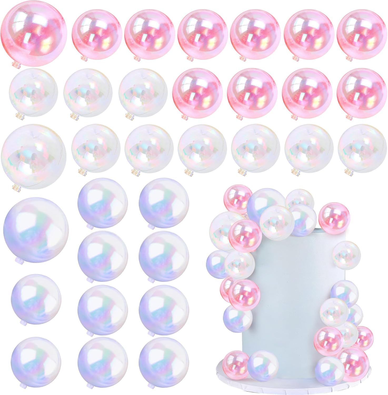 32 PCS Colorful Ball Shaped Cake Topper Pearl Balls Cupcake Cake Insert Topper for Birthday Party Wedding Decoration (White Clear Pink)