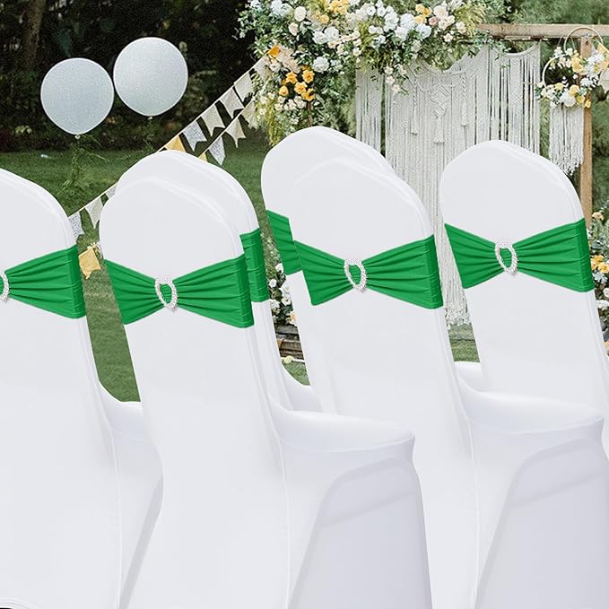 Howhic Pack of 120 Spandex Chair Sashes Bows Stretch Chair Cover Band with Buckle Slider Universal Elastic Chair Ties for Wedding Banquet Party Event Decoration (Emerald)