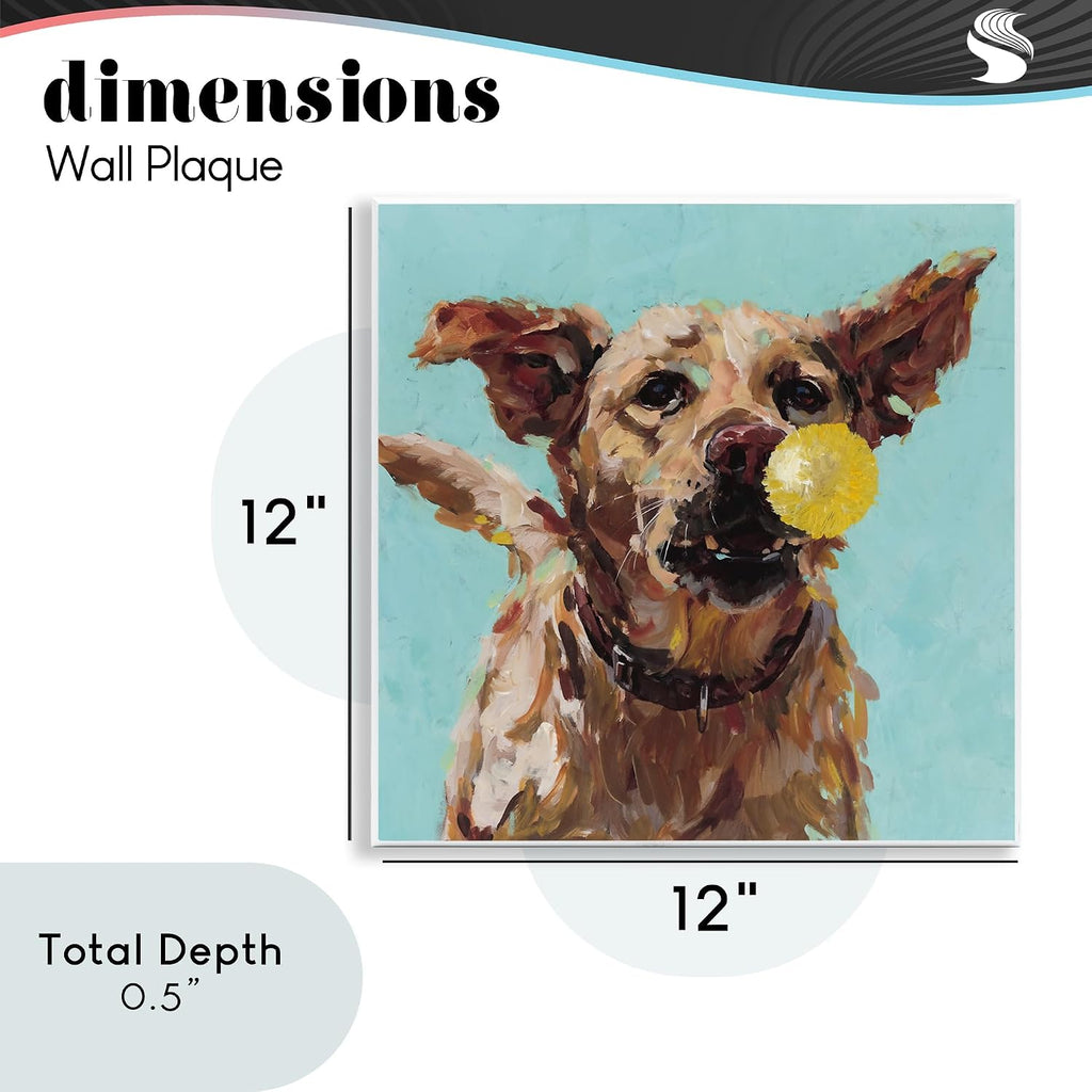 Dog Playing with Ball Joyful, 12 x 12 Inch Mounted Print on Wall Plaque | Stupell Industries · By Studio Bautista · Ready to hang · Great for living room or game room · Made in USA