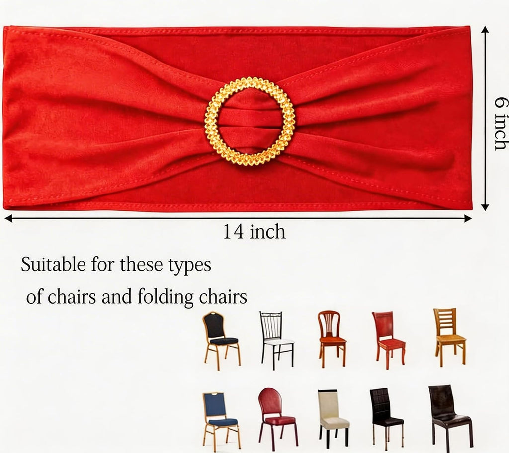 Pack of 50 Spandex Red Chair Sashes with Gold Buckles, Stretch Chairs Sashes for Wedding Party Baby Shower Ceremony Event Decorations Chair Bands Bows (Red Sashes, Gold Buckles)