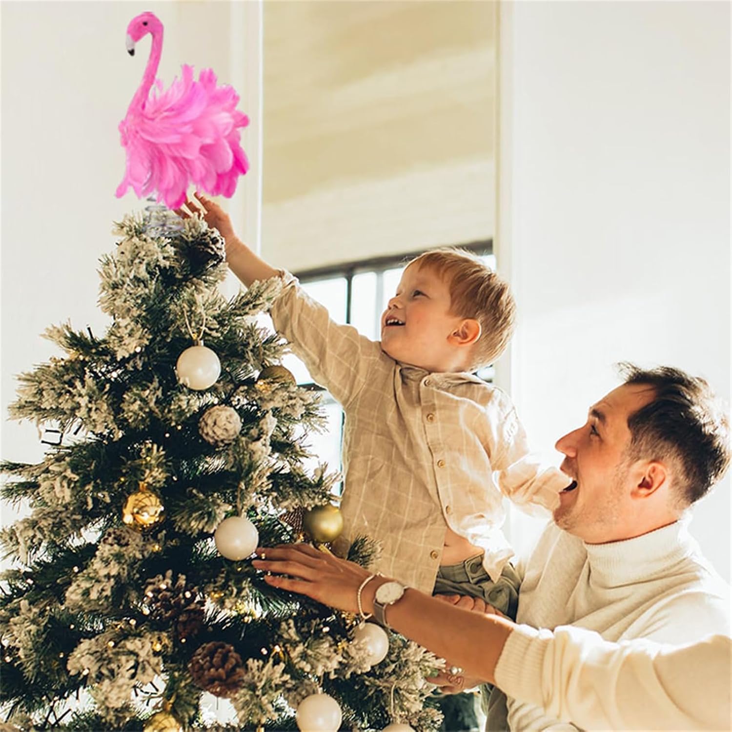 Pink Flamingo Christmas Tree Topper, Flamingo Tree Toppers with Fluffy Artificial Feathers, Christmas Home Holiday Ornament (Pink, 9.8" * 9.1" * 5")