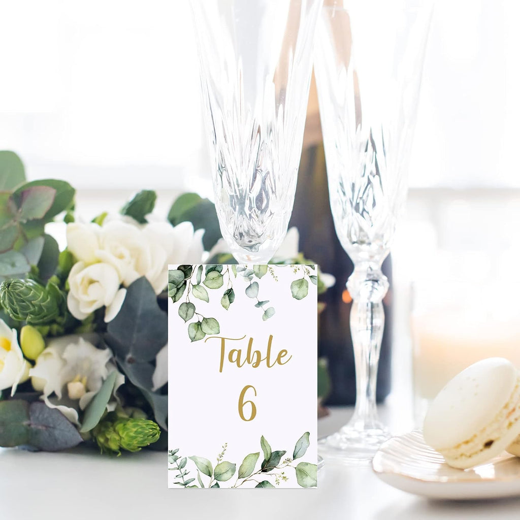 Zonon 26 Pieces Wedding Table Numbers Cards 1-25 with Head Table Numbers Greenery Eucalyptus Double Sided Cards Party Centerpiece for Wedding Reception Baby Shower Birthday Bridal Party(Gold)
