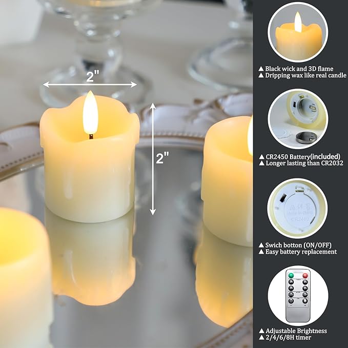 Lezonic Flameless Votive Candles Battery Operated with Remote and Timer, Pack of 6 (D:2" X H:2") LED Ivory White Long Lasting Flickering Wax Candles with Realistic 3D Flame