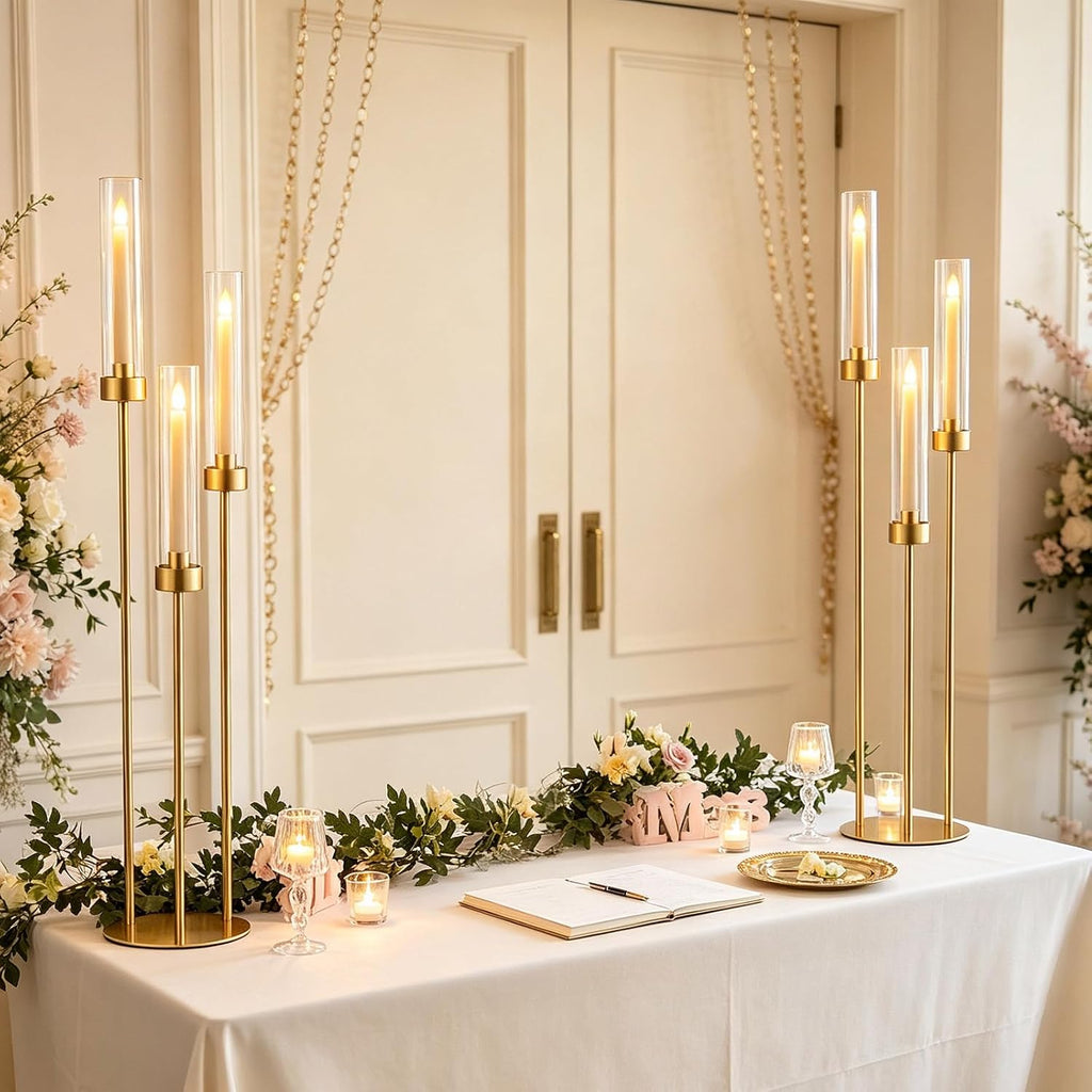2pcs Gold Candelabra for Table Centerpieces, 33.8'' Tall 3 Arm Candle Holder with Acrylic Lampshade for Wedding Tables, Party, Events, Christmas & Halloween Home Decor, Fit LED Taper Candles