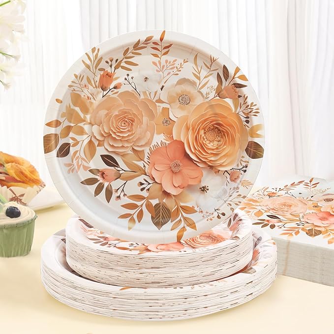 Boho Fall Plates and Napkins Sets, Floral Paper Plates Supplies Serves 50 for Boho Birthday Party Decorations,150PCS