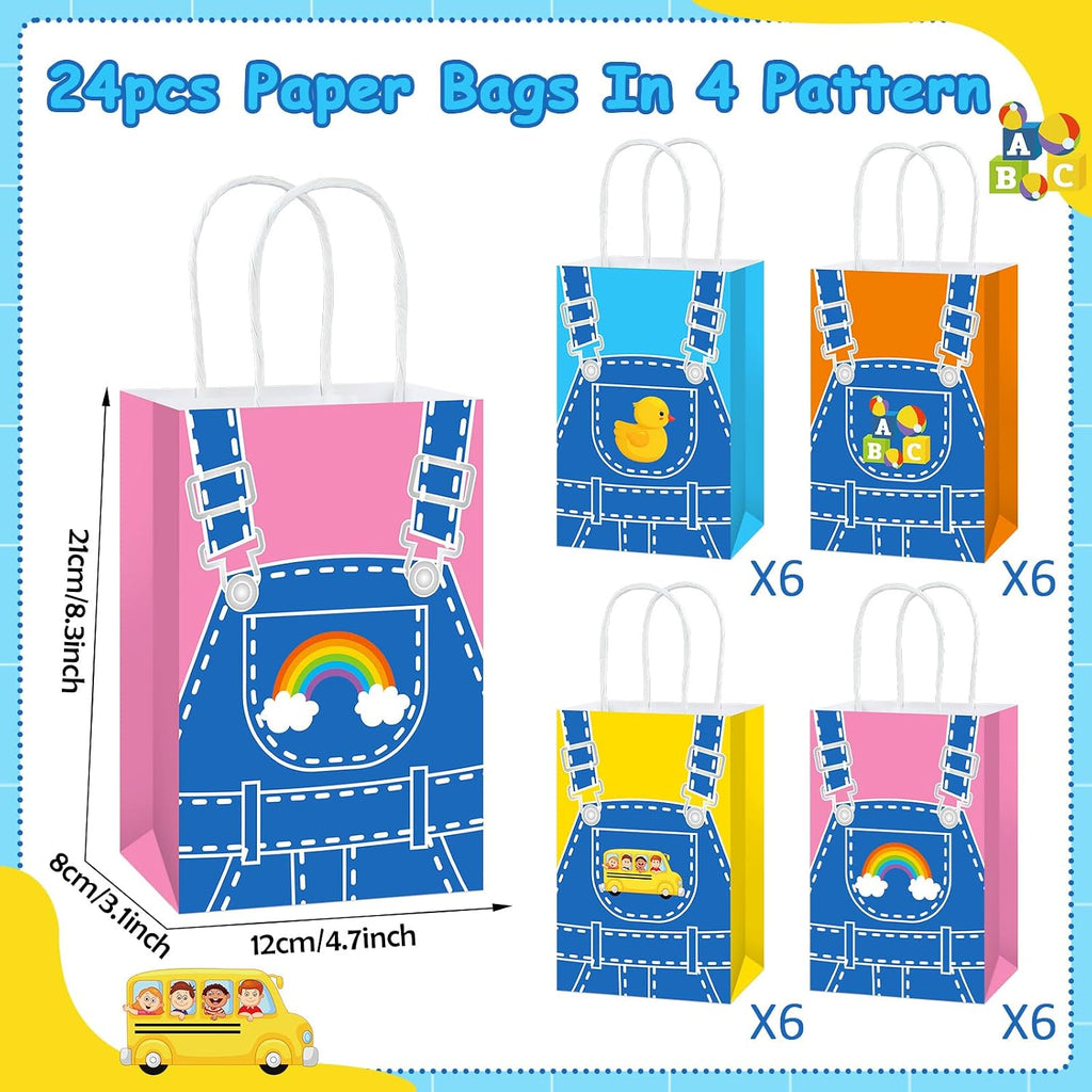 24Pcs English Teacher Party Gift Bags Cartoon Teacher Birthday Party Decorations Supplies Cartoon Girls Fans Treat Bag Rainbow ABC Bus Paper Goodie Bags with Handles for Kids Birthday Classroom Decor