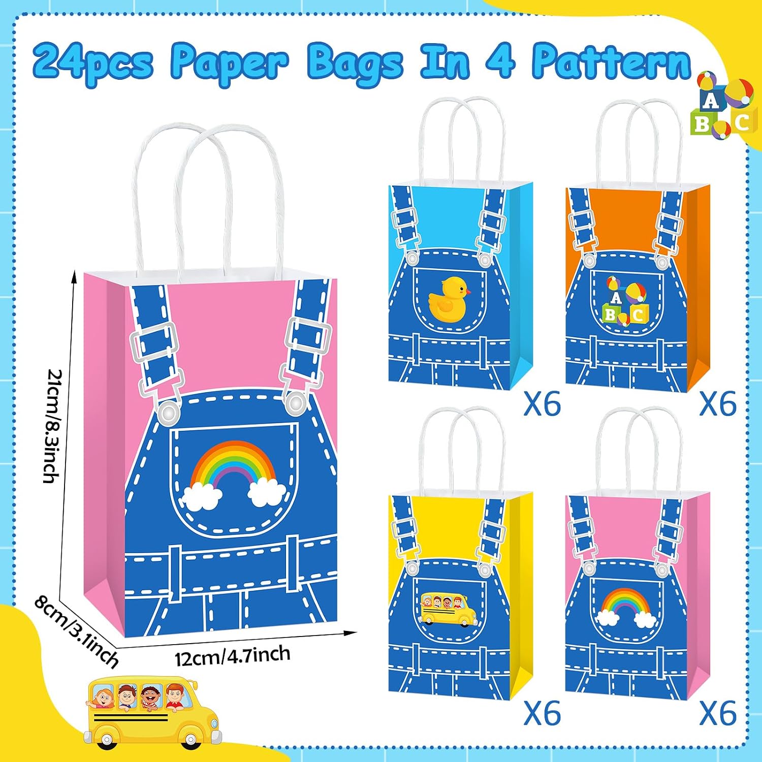 24Pcs English Teacher Party Gift Bags Cartoon Teacher Birthday Party Decorations Supplies Cartoon Girls Fans Treat Bag Rainbow ABC Bus Paper Goodie Bags with Handles for Kids Birthday Classroom Decor