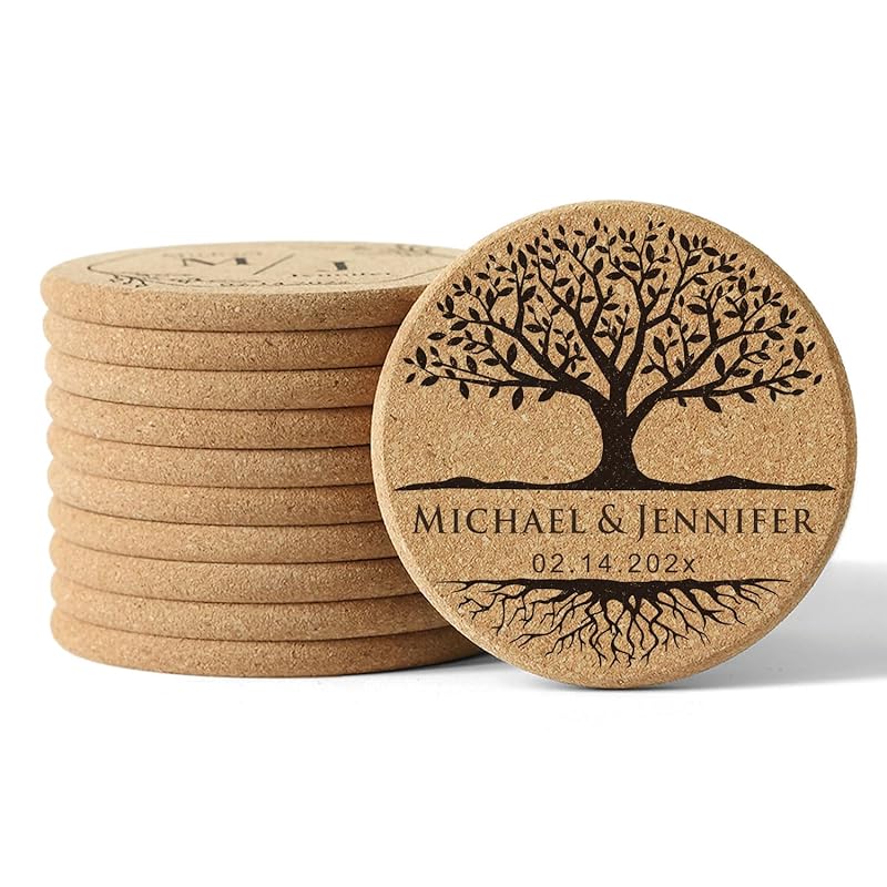 Personalized Cork Coasters - Custom Engraved Wedding Favor,Natural Round Drink Coasters, Bulk Guest Gifts, Bridal Shower,Party,Reception and Anniversary Gift Decor - Set of 25-300pcs