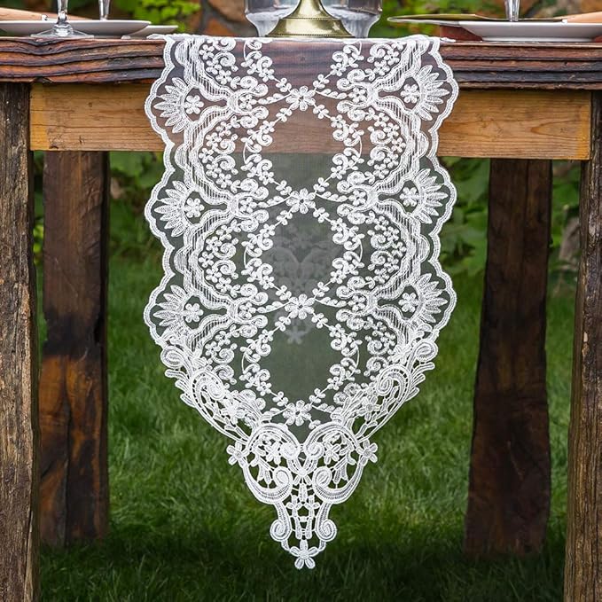 ARTABLE Rectangle Table Runner Lace Macrame Embroidered Table Runners with Exquisite Vintage Shabby Chic for Holiday Wedding Long Dinner Tables (White, 12 x 108 Inch)