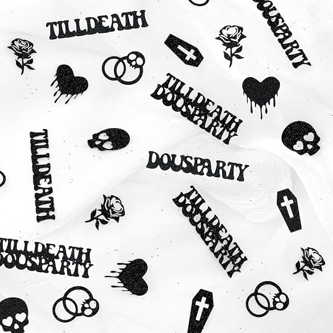 Till Death Do Us Party Confetti, Glitter Halloween Bachelorette Party Table Decorations, Skull Ring Heart Confetti for Gothic Halloween Bachelorette Weeding Bridal Shower Party Decorations（115pcs）