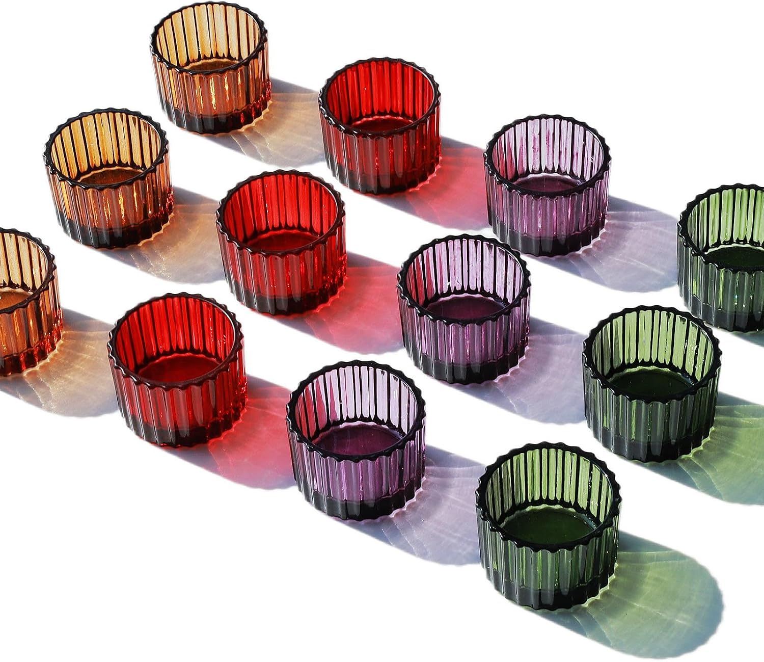 VOHO 4 Colors Tealight Candle Holder Fall Decor Set of 12, Votive Candle Holders for Table Centerpiece, Ribbed Tea Light Candle Holder Glass for Halloween/Thanksgiving/Christmas Decorations/Gifts
