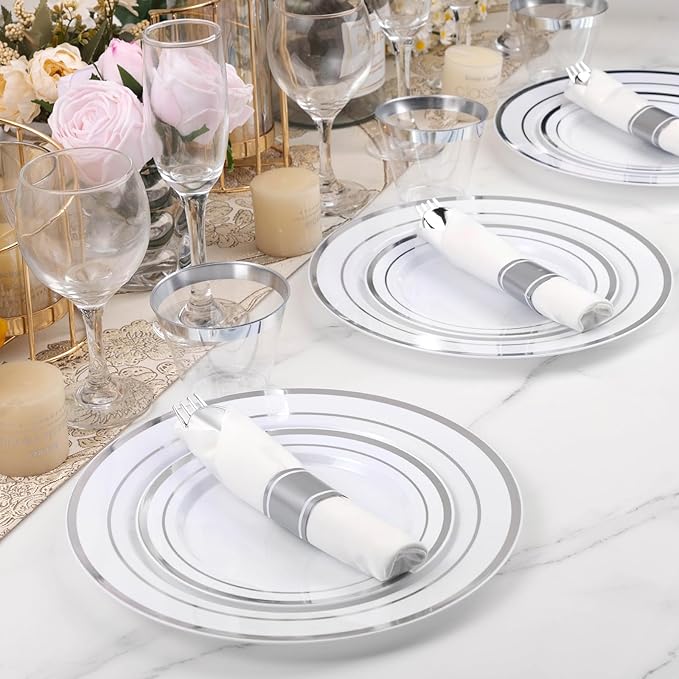 BESTVIP 50 Pack Pre Rolled Silver Plastic Silverware Set, Disposable Wrapped Cutlery Set with 50 Napkins, 50 Knives, 50 Forks and 50 Spoons for Party, Birthday