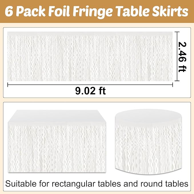 6 Pack 29x108 Inch Macaron White Wave Foil Fringe Table Skirts Metallic Banner for Tinsel Streamer Garland Backdrop for Parade Floats Wedding, Mother's Day, Birthday Mardi Gras Party Decorations
