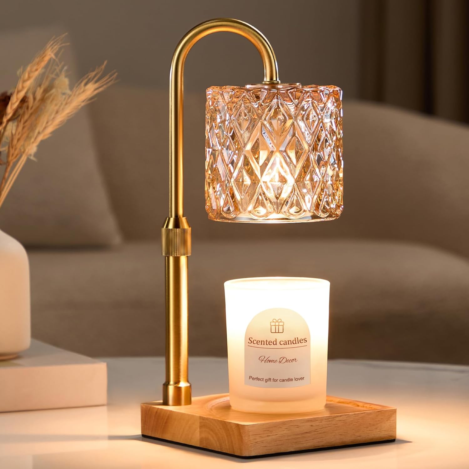 Hong-in Candle Warmer Lamp with Timer -Dimmable Adjustable Height Wax Melt Warmer for Jar Candles,Vintage Home Decor with Elegant Amber Glass,Birthday Gifts for Women, Mom, Friend, Sister