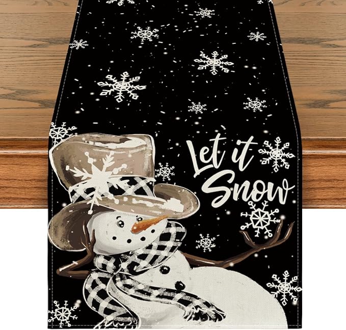Artoid Mode Black Snowman Snowflake Let it Snow Winter Table Runner, Christmas Kitchen Dining Table Decoration for Home Party Decor 13x90 Inch