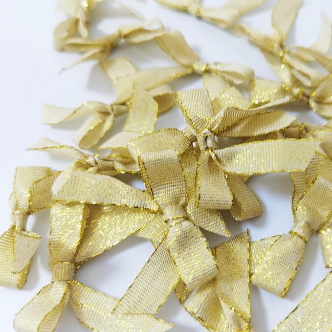50pcs/pak 1-1/2" Mini Metallic Gold Ribbon Bows Without Twist Ties for Crafts Candy Packing Decor Christmas Halloweeen Decoration (W.Gold)