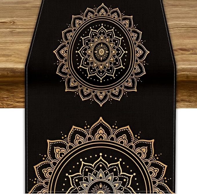 Golden Mandala Table Runner, Traditional Indian Gold Black Flower Vintage Luxury Bohemian Mandala Table Runner for Home Kitchen Dinning Table Indoor Outdoor Holiday, 13x108inch