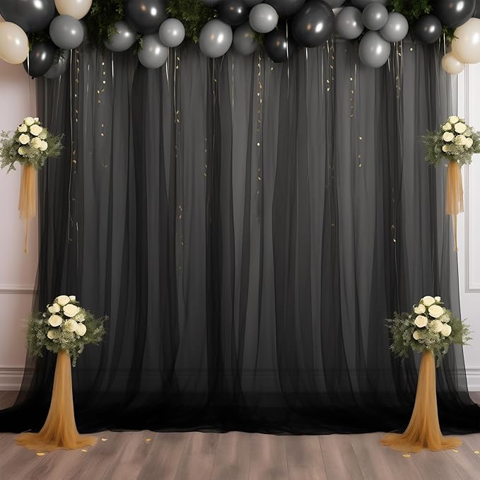 10x10ft Sheer Black Backdrop Curtains for Parties, Tulle Wedding Arch Draping Fabric Photo Background for Birthday Party Halloween Decorations