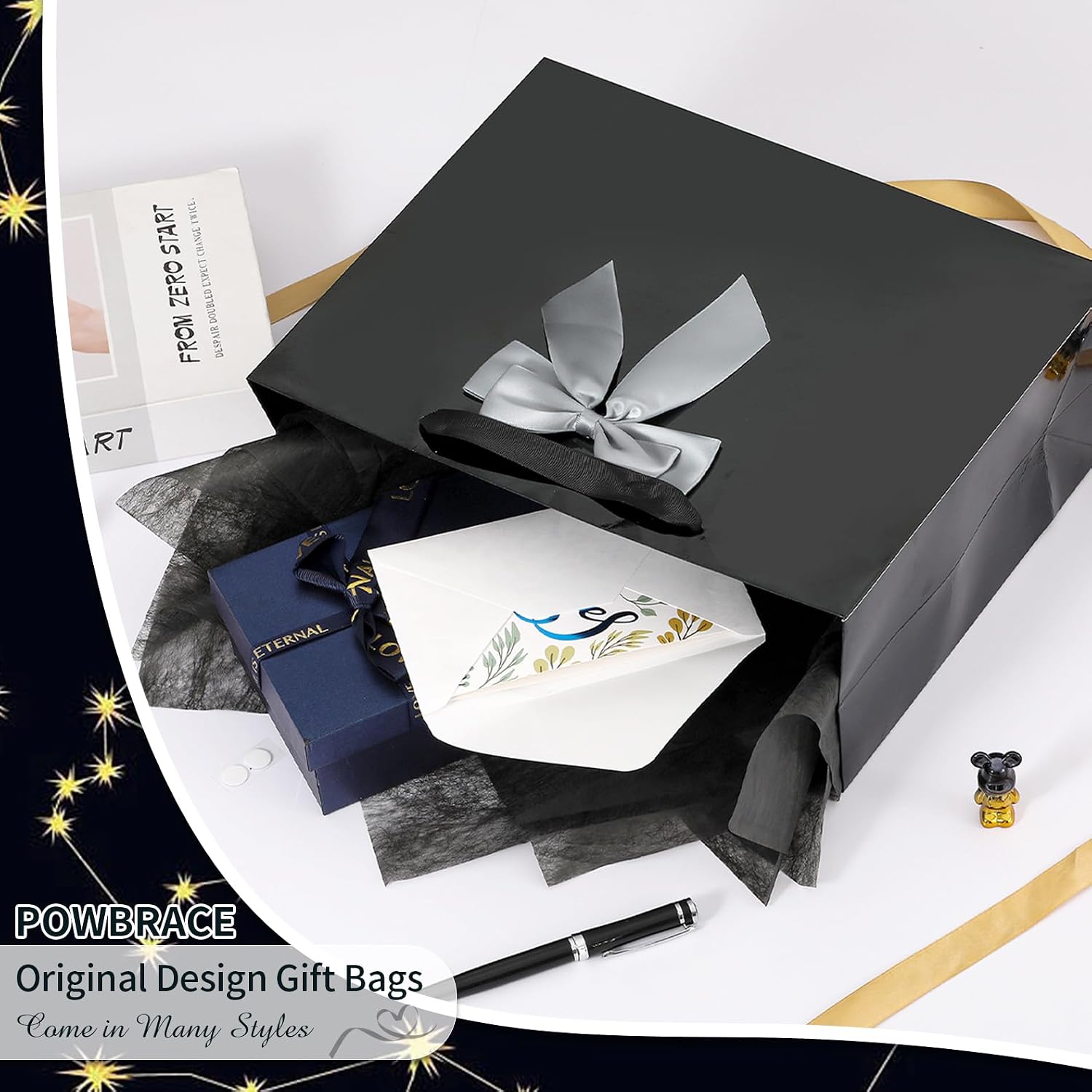 13" Black Bags with Handles, Birthday Gift Bag Set - 1 Gift Bag with Bow, 2 Tissues & Greeting Card for Men Women,Gift Bags Medium size(1 PCS Black Glossy)