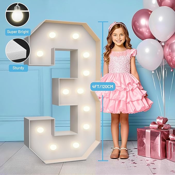 4FT Marquee Light Up Numbers 3,Party Decoration Large Marquee Light Up Letters with Weighted Water Bag,Pre-cut Foam Board Set Can Be Used for Birthdays,Weddings,Baby Anniversaries