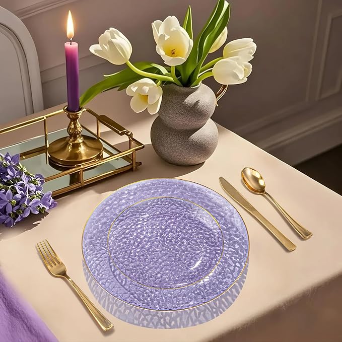 Rubtlamp 350 Pcs Clear Purple Plastic Plates, Gold Plastic Dinnerware Set (50 Guests), Purple Disposable Plates With Gold Rim, Hammered Party Plates Set for Wedding And Party