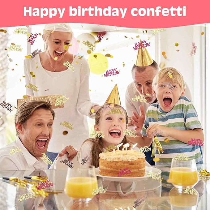 560 PCS Glitter Happy Birthday Confetti, Rose Gold Table Decorations, Iridescent Metallic Foil for DIY Crafts Festive Table Decoration