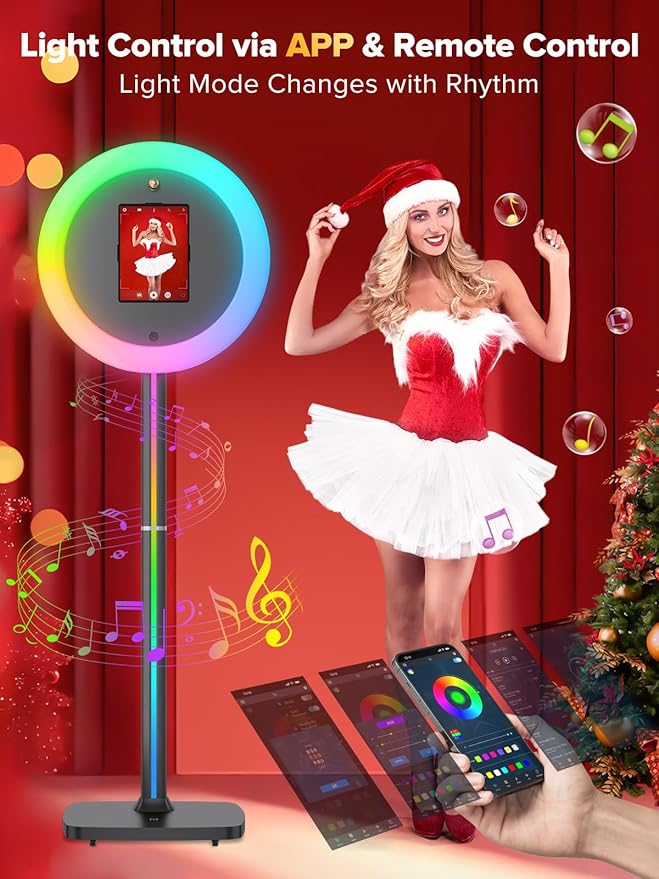 Photo Booth Machine,Portable Photo Booth Compatible Any Ipad,PhotoBooth Stand Shell with Cyratok Software,RGB Ring Light & Music Sync, Lightweight & Rolling Base Perfect for Parties,Wedding and Events