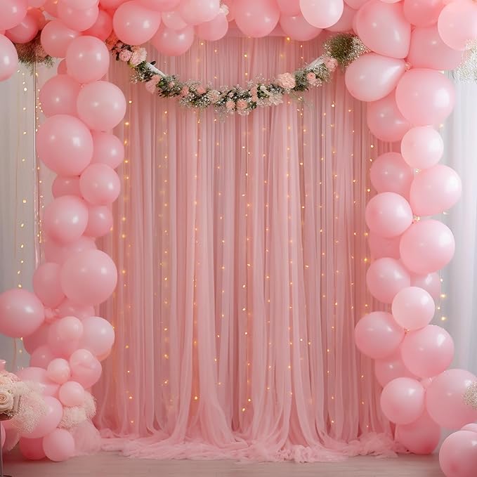 20×10ft Dusty Rose Tulle Backdrop Curtain with Lights String for Parties, Sheer Curtain Backdrop Drapes for Wedding Party Home Decorations