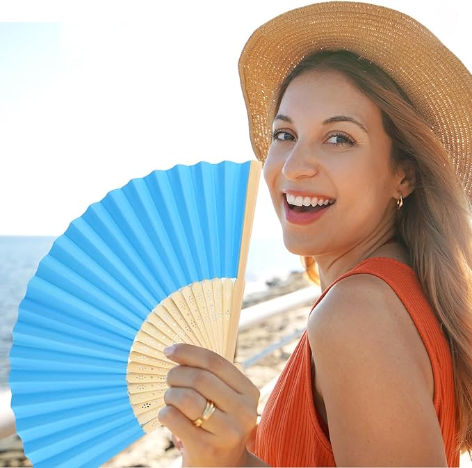 6 Pieces Blue Hand Held Bamboo Folding Fans Foldable Paper Fans Handheld for Women Girls Wedding DIY Decoration Church Home Party Favors Summer