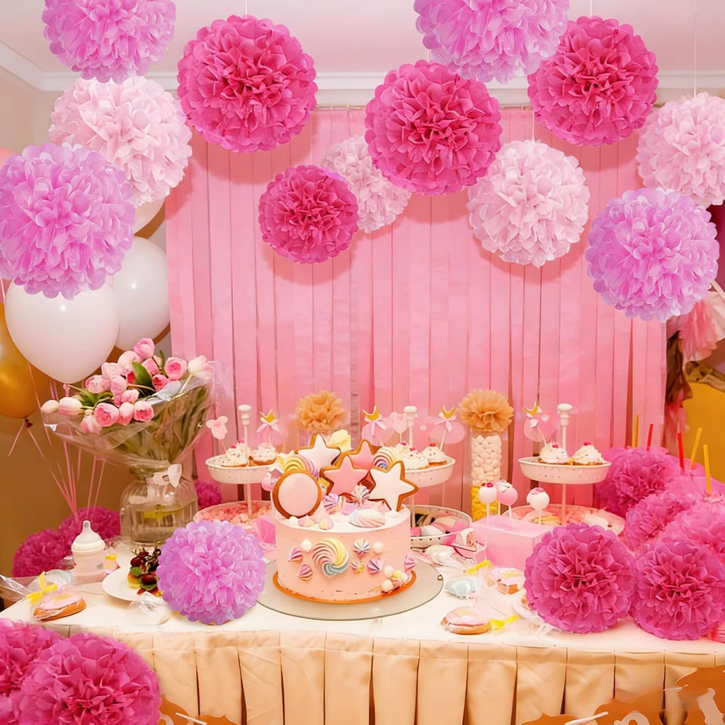 Hot Pink Tissue Pom Poms Paper Flowers Hanging Decorations Pink Flower Ball for Mother's Day Baby Shower Wedding Nursery Birthday Party Backdrop Home Outdoor
