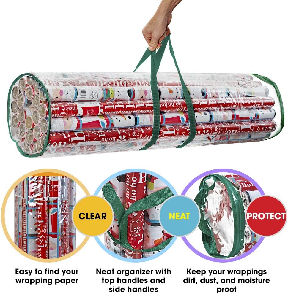 ProPik Christmas Wrapping Paper Storage Bag, Organizer Fits Up to 24 Rolls 40 Inch, Clear Heavy Duty PVC Bag with Handles and Zippered Top for Gift Wrap and Ribbons (Green)