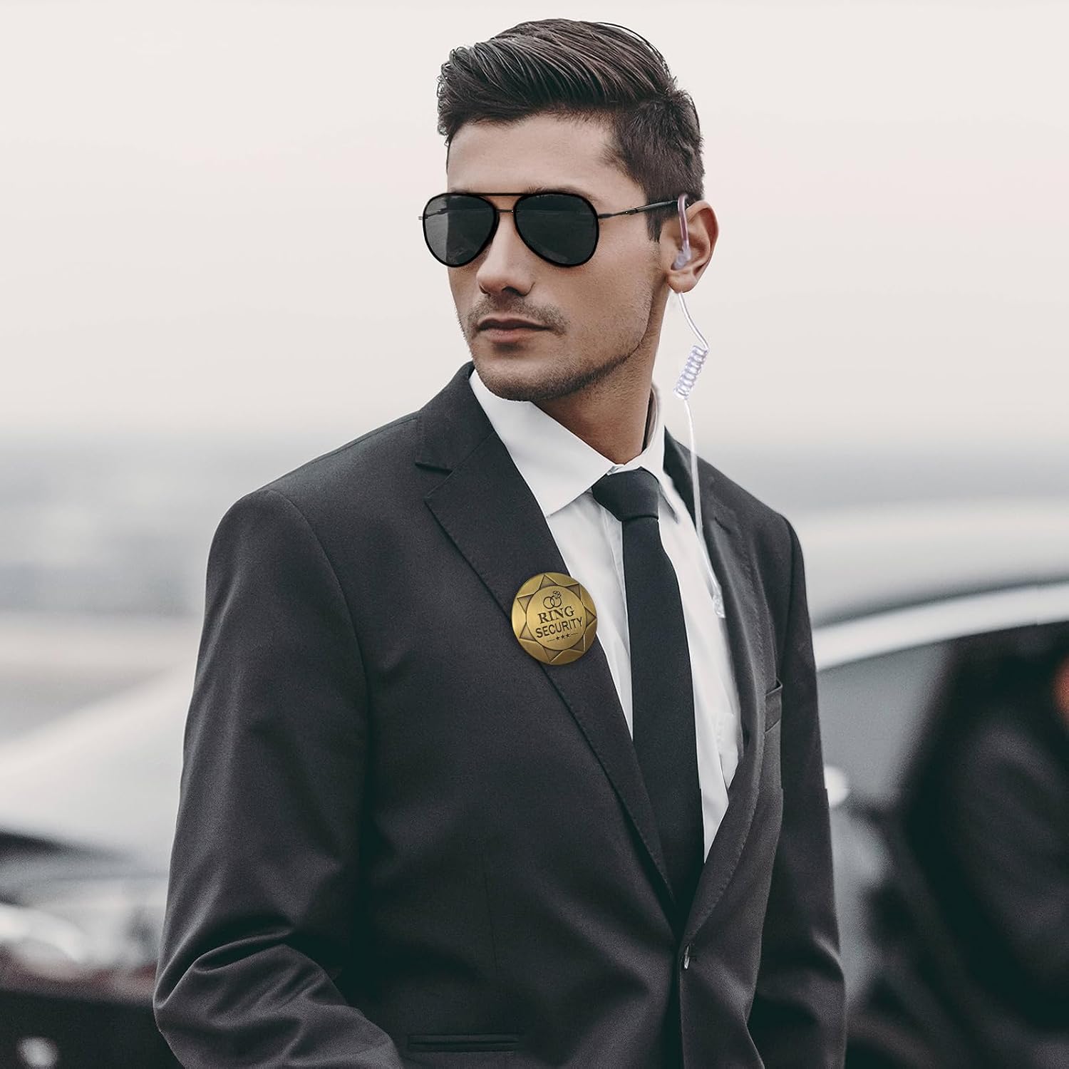 Gejoy Wedding Ring Security Box Bearer Suitcase with Earpiece Earplugs Headset and Sunglass Metal Ring Badge ID Card Holder