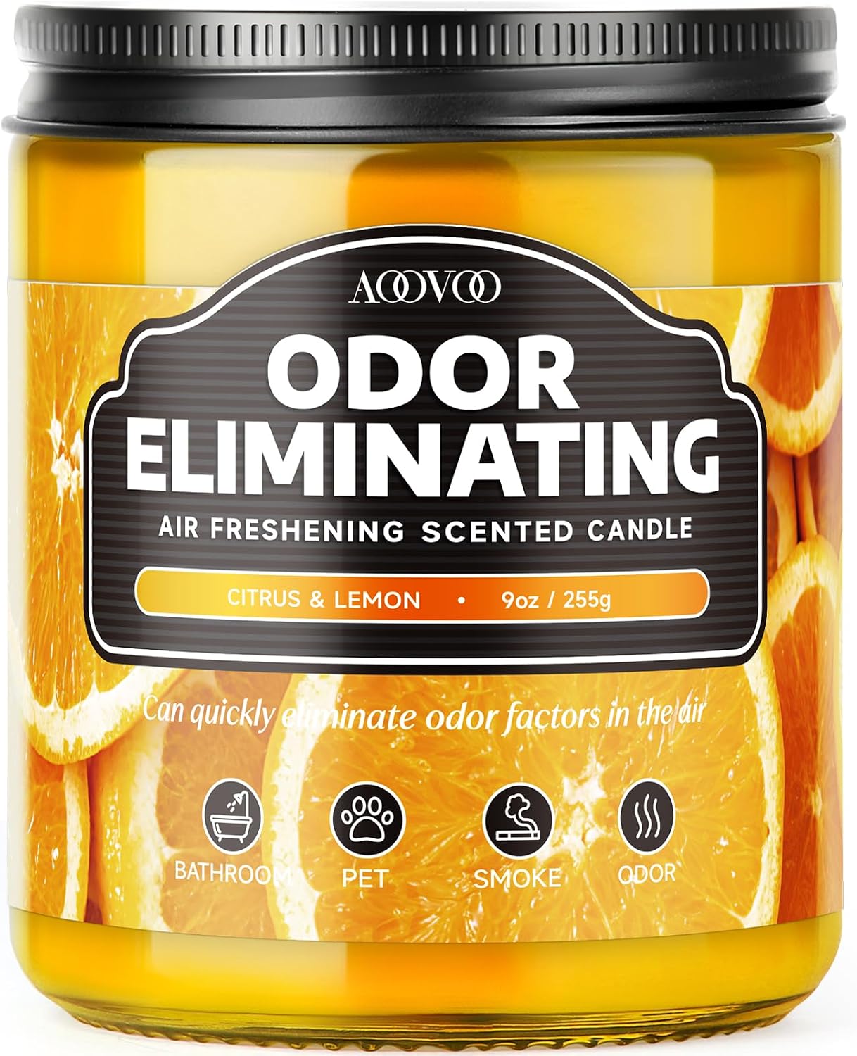 AOOVOO Citrus Lemon Odor Eliminating Highly Fragranced Candle - Eliminates 95% of Pet, Smoke, Food, and Other Smells Quickly, Non Toxic Air Freshing Soy Candle, 9 oz Up to 50 Hours Burn time