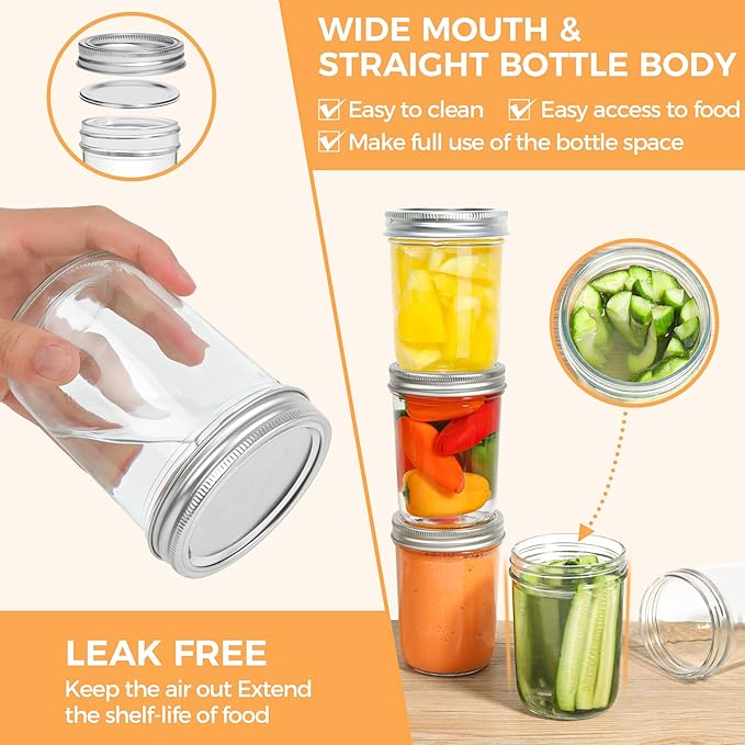 ComSaf Wide Mouth Mason Jars 16oz - 8 Pack, Pint Mason Jars with Lids and Seal Bands, Glass Canning Jars for Pickling, Jam, Jelly, Honey, Salad, Desert, Shower Wedding Favors, DIY Candles Decor
